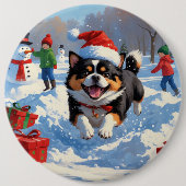 Japanisches Kinn im Schnee mit Weihnachtsmütze Button (Vorderseite)