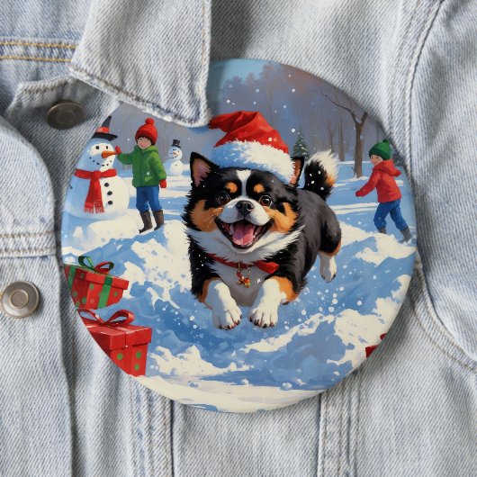 Japanisches Kinn im Schnee mit Weihnachtsmütze Button (Beispiel)