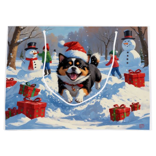 Japanisches Kinn im Schnee mit Weihnachtsmütze Große Geschenktüte (Vorderseite)