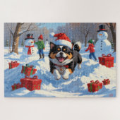 Japanisches Kinn im Schnee mit Weihnachtsmütze Puzzle (Horizontal)