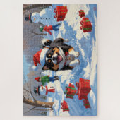 Japanisches Kinn im Schnee mit Weihnachtsmütze Puzzle (Vertikal)