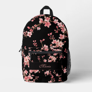 Japanisches Kirschblüten-Monogramm Rosa Schwarz Bedruckter Rucksack