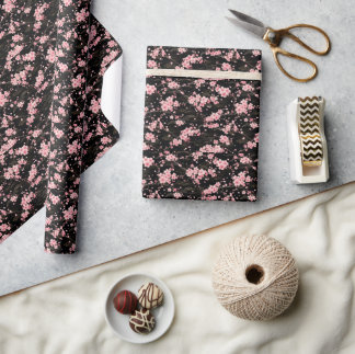 Japanisches Kirschblüten-Monogramm Rosa Schwarz Geschenkpapier