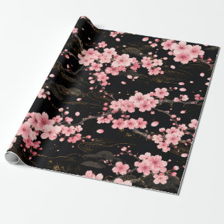 Japanisches Kirschblüten-Monogramm Rosa Schwarz Geschenkpapier