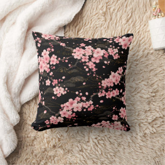Japanisches Kirschblüten-Monogramm Rosa Schwarz Kissen