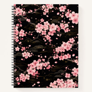 Japanisches Kirschblüten-Monogramm Rosa Schwarz Notizblock
