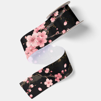 Japanisches Kirschblüten-Monogramm Rosa Schwarz Satinband