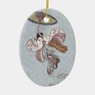 Japanisches Mädchen-Fliegen mit Regenschirm Keramik Ornament