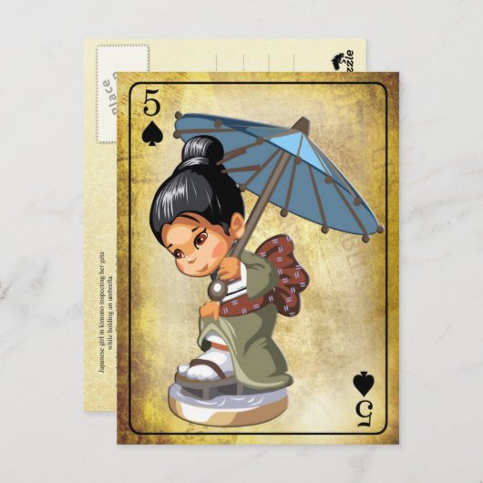 Japanisches Mädchen in Kimono, das ihre Schuhe ins Postkarte (Vorne/Hinten)