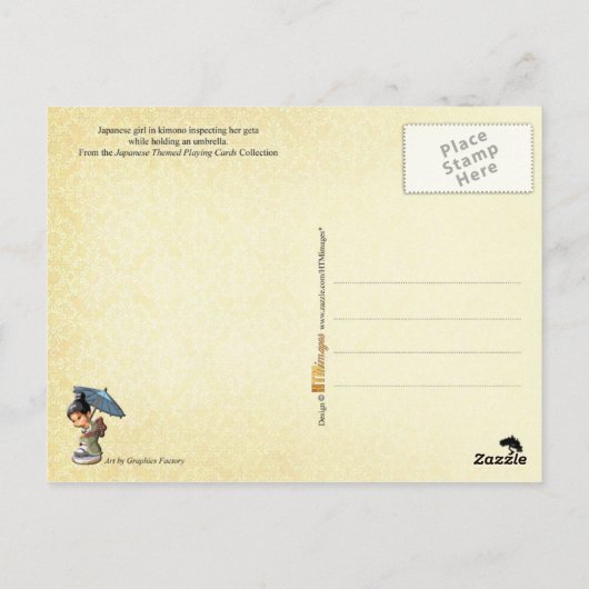 Japanisches Mädchen in Kimono, das ihre Schuhe ins Postkarte (Rückseite)