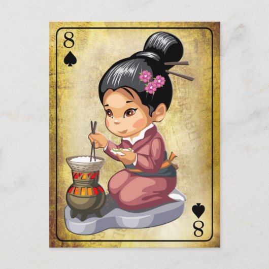 Japanisches Mädchen in Kimono, das Reis kocht Postkarte (Vorderseite)