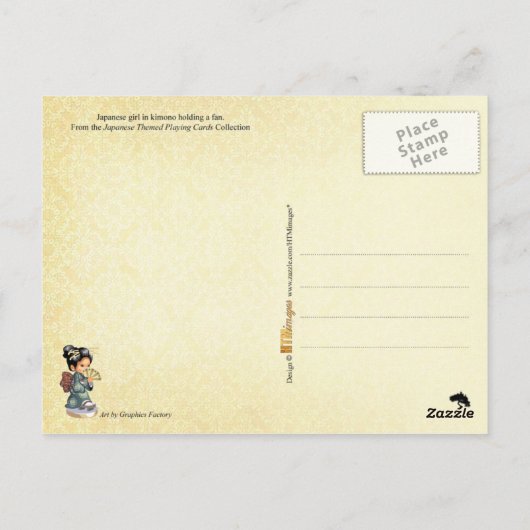 Japanisches Mädchen in Kimono mit einem Ventilator Postkarte (Rückseite)