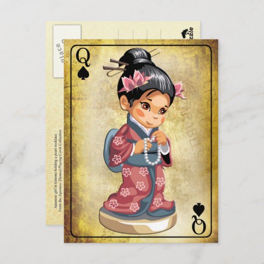 Japanisches Mädchen in Kimono mit Perlenhalskette Postkarte (Vorne/Hinten)