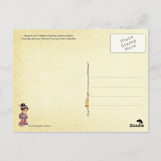 Japanisches Mädchen in Kimono mit Perlenhalskette Postkarte (Rückseite)