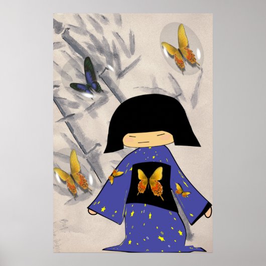 Japanisches Mädchen mit Butterfly-Blasen Poster (Vorne)