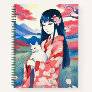 Japanisches Mädchen mit einem White Cat Journal Notizblock