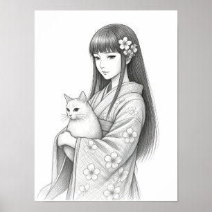 Japanisches Mädchen mit einer weißen Katze Poster