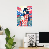Japanisches Mädchen mit einer weißen Katze Poster (Heimbüro)