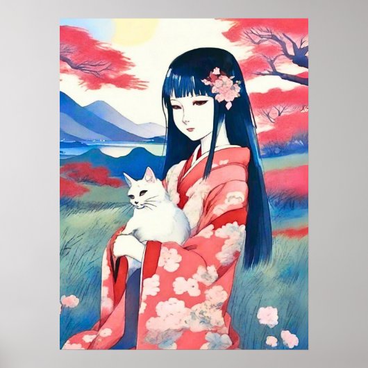 Japanisches Mädchen mit einer weißen Katze Poster (Vorne)
