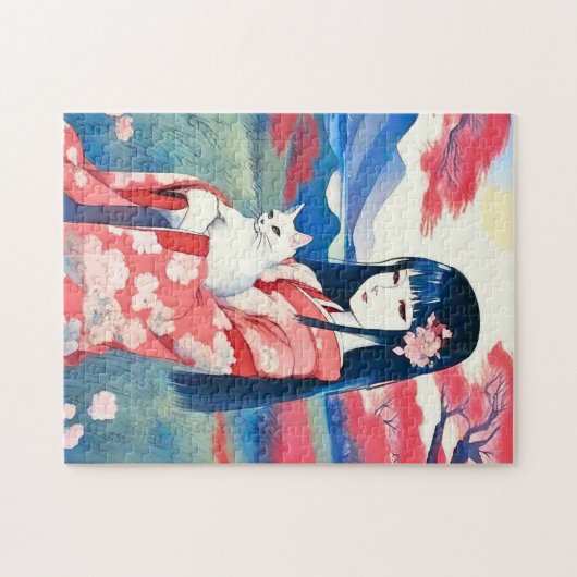 Japanisches Mädchen mit einer weißen Katze Puzzle (Horizontal)
