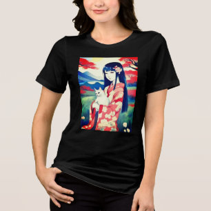 Japanisches Mädchen mit einer weißen Katze Tri-Blend Shirt