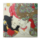 Japanisches Mädchen mit Katze, Tsukioka Yoshitoshi Fliese (Vorderseite)