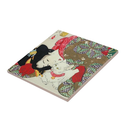 Japanisches Mädchen mit Katze, Tsukioka Yoshitoshi Fliese (Seite)