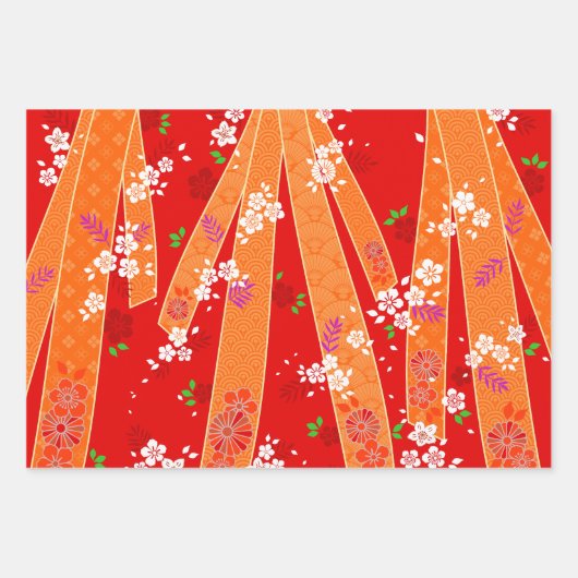 Japanisches Mix Floral Kimono Muster Geschenkpapier Set (Vorderseite 3)
