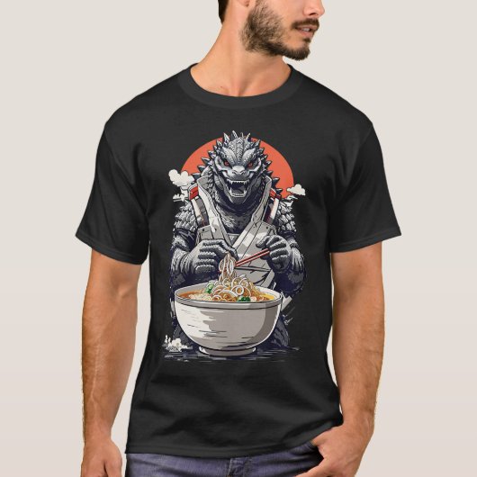 Japanisches Monster Kaiju Eating Ramen T-Shirt (Vorderseite)