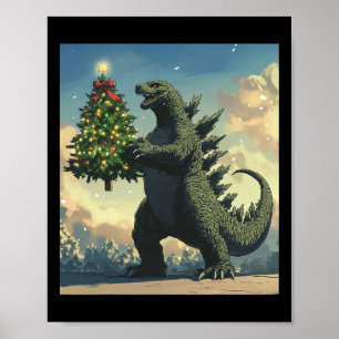 Japanisches Monster Kaiju trägt Weihnachtsbaum Poster