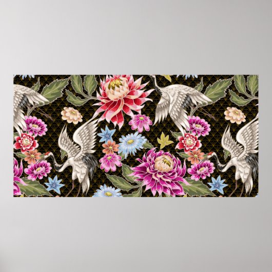 Japanisches Muster mit Blume und weißen Kranen Poster (Vorne)