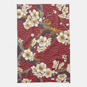 Japanisches Pflaumenblüten-Korallen-Creme-Burgunde Geschirrtuch