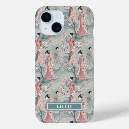 Japanisches Sakura-Geisha-Muster monogrammiert Case-Mate iPhone Hülle (Rückseite)