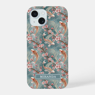 Japanisches Sakura-Koi-Fisch-Muster monogrammiert iPhone 15 Hülle