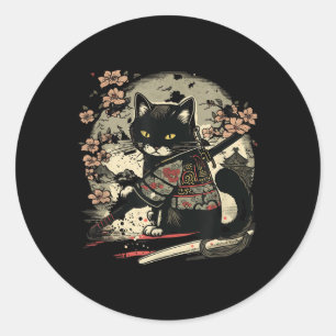 Japanisches Samurai-Katzen-Tattoo, Vintage Kawaii Runder Aufkleber