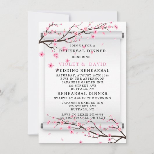 Japanisches Scroll Cherry Blossom Probe Abendessen Einladung (Vorderseite)