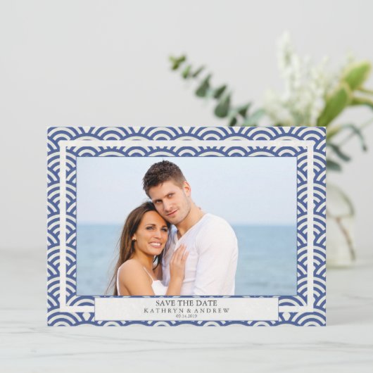 Japanisches Seigaiha Waves Save the Date flaches F Einladung (Stehend Vorderseite)