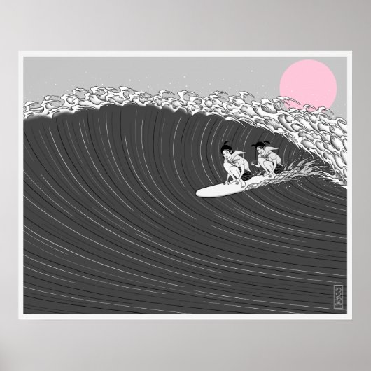japanisches Surfposter mit Sonnenuntergang Poster (Vorne)