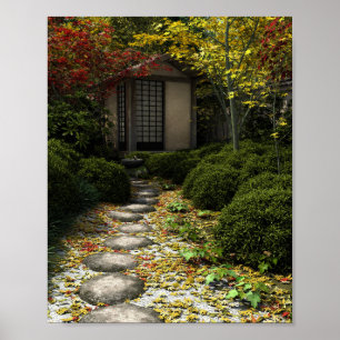 Japanisches Teehaus und Garten im Herbst Poster