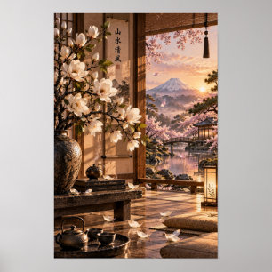 Japanisches Teezimmer Mount Fuji Sonnenuntergang W Poster