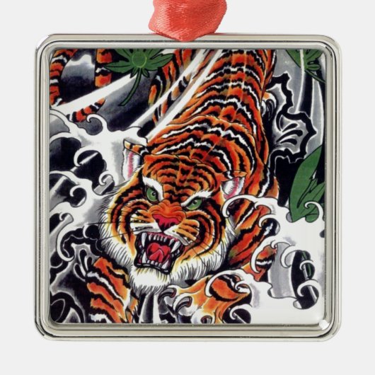 japanisches Tiger- und Ahorndesign Silbernes Ornament (Vorne)