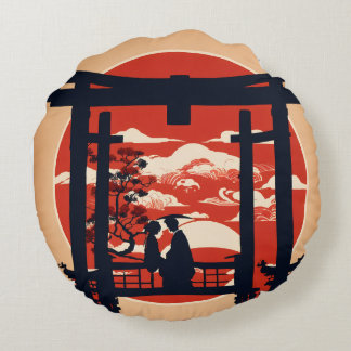 Japanisches Torii-Tor Romantische Sonnenuntergangs Rundes Kissen