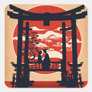 Japanisches Torii-Tor und rote Sonnenuntergangssil Quadratischer Aufkleber