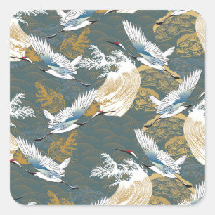 Japanisches Vintage-Kranich-Muster Quadratischer Aufkleber