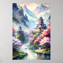Japanisches Wasserfarbdorf | Zen Landschaftsdruck