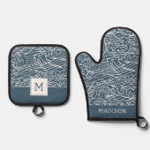 japanisches Wave Style-Muster Ofenhandschuh & Topflappen-Set (Vorderseite)