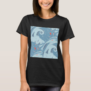 Japanisches Wellen- und rotes Fischmuster T-Shirt
