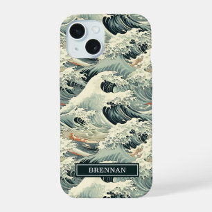 Japanisches Wellenmuster mit Monogramm iPhone 15 Hülle
