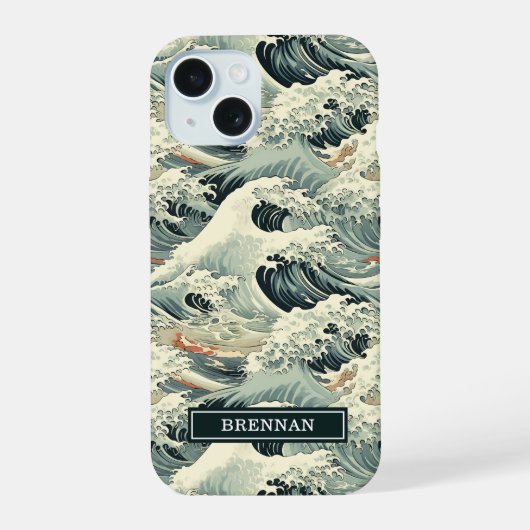 Japanisches Wellenmuster mit Monogramm iPhone 15 Hülle (Rückseite)