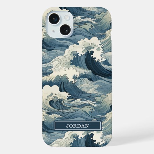 Japanisches Wellenmuster mit Monogramm iPhone Hülle (Rückseite)